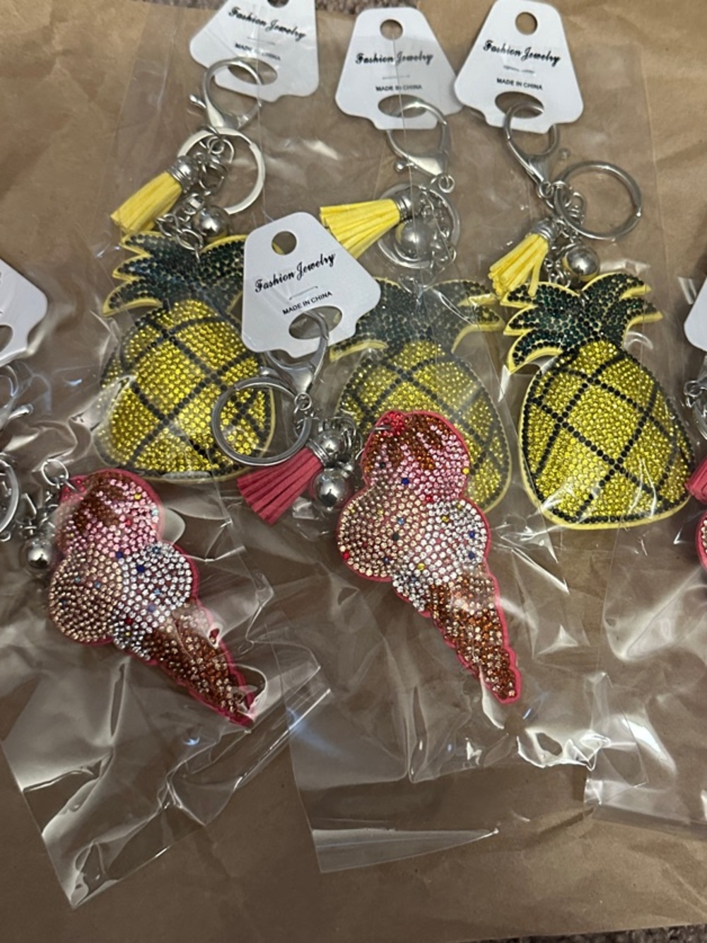Keychains -  Pineapple & Pink Ice Cream Rhinestone Keychain Set